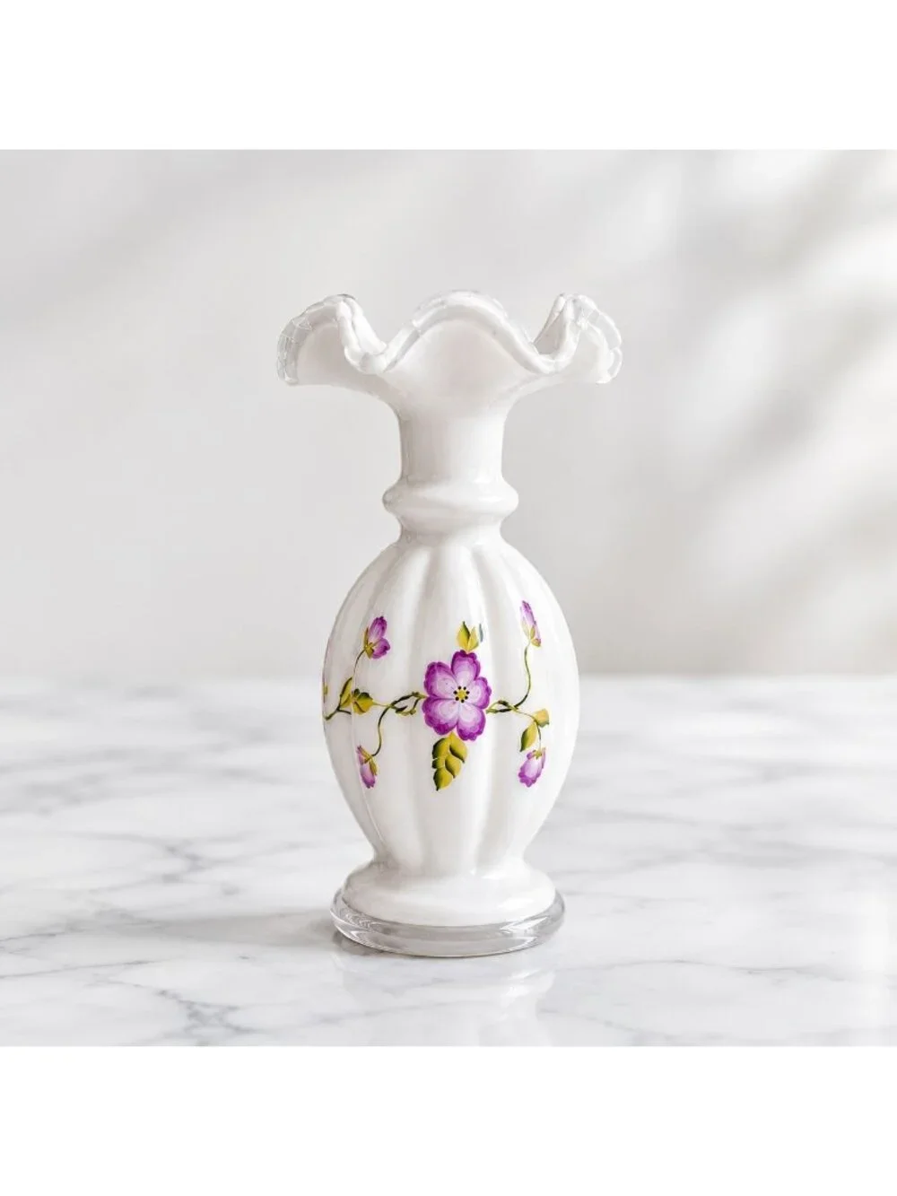 Romantic White Glass Bud Vase Hand Painted VTG Purple Floral Ruffle Rim 8.5” - Picture 2 of 16